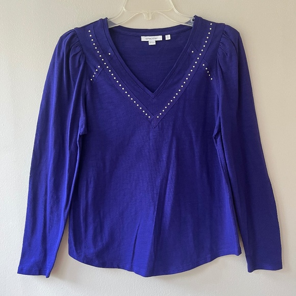 CHICOS Sz S Blouse Purple Embellished V Neck Long Sleeve Pullover Stretch NEW - Picture 1 of 8